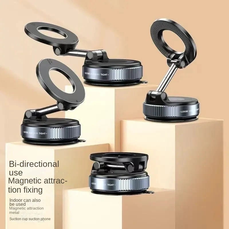 black magnetic car phone mount with adjustable arm and suction cup base for 360 degree dashboard holding