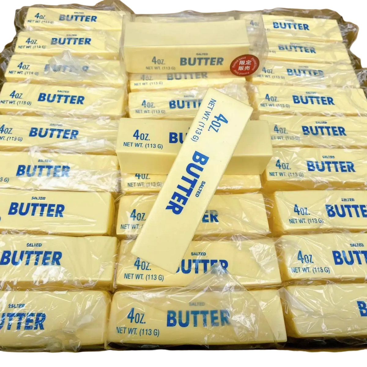 Yellow salted butter sticks wrapped in plastic labeled 4 oz featured as butter bar slow rising squishy stress relief toy