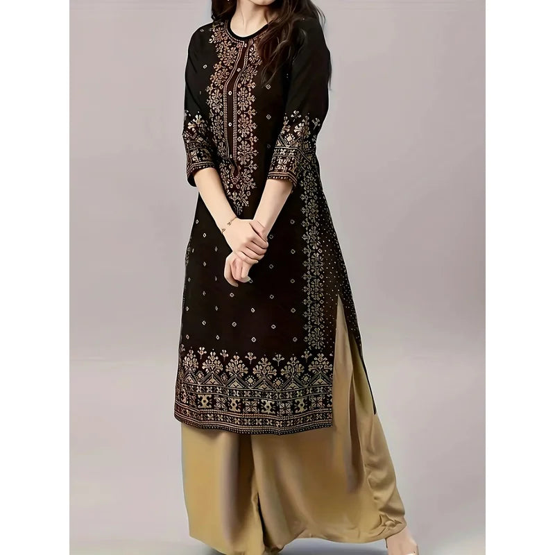 Women's Casual Ethnic Style Clothing Set round Neck Mid-Sleeved Dress Mid-Length Skirt Solid Color Elastic Waisted Pants
