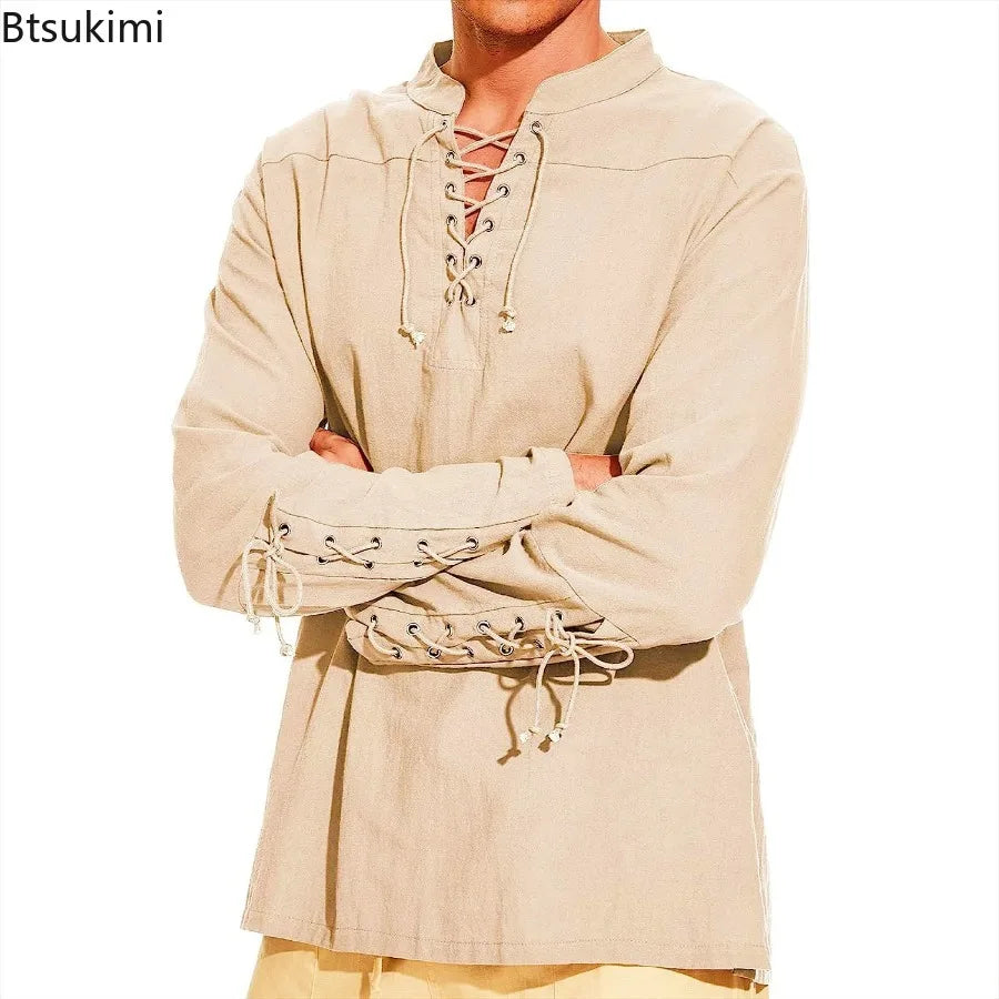 2026 New Men's Casual Blouse Cotton Linen Shirt Tops Long Sleeve Tee Shirt Spring Autumn Medieval Vintage Viking Punk Costumes