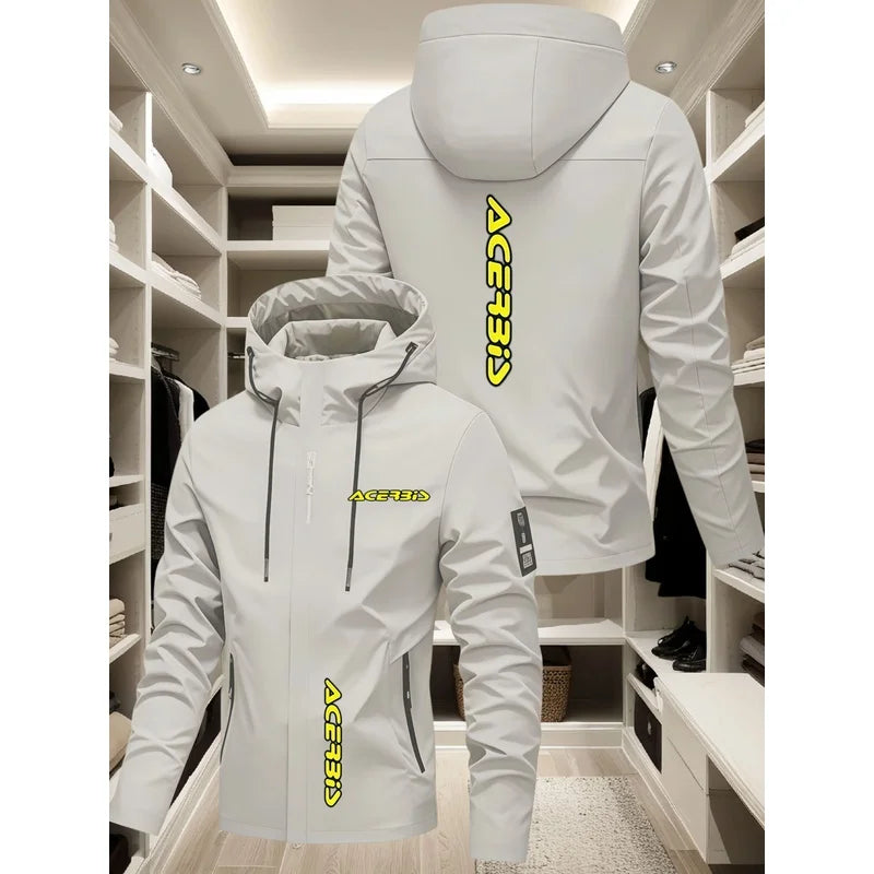 Men's off-road motorcycle style hooded jacket with BIS bright yellow logo print, windproof and multifunctional casual jacket