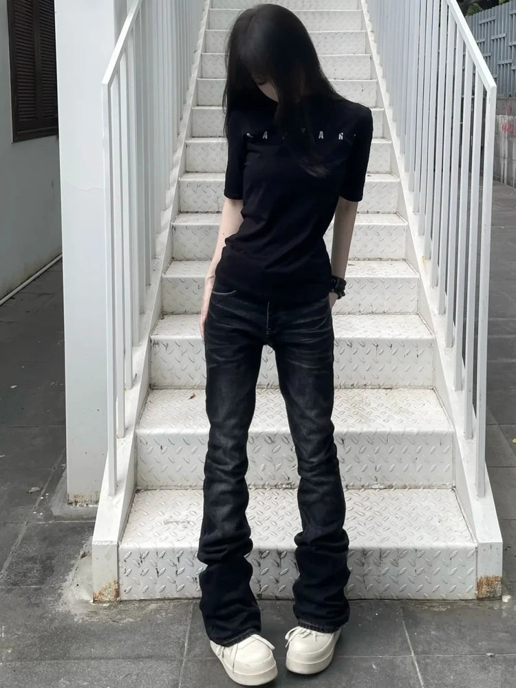 Cleanfit American Style High Street Vibe Distressed Slim Fit Bell Bottom Jeans Men Women Black Grey 517 Denim Pants Autumn