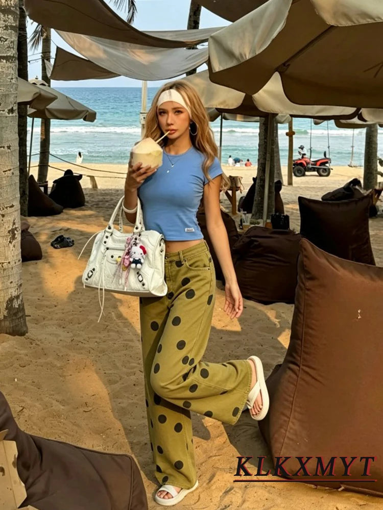 Women Wide-Leg Pants Fashion Elegant High Waist Polka Dot Jeans Pants Spring Summer Chic High Street Pants 2026 New