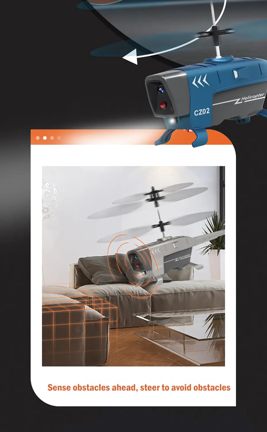 hélicoptère de commande à distance bleu et gris modèle cz02 avec fonction d’évitement des obstacles, objectif de caméra, pales d’hélice et marquages de capteurs, optimisé pour un temps de charge efficace et un temps de vol prolongé.