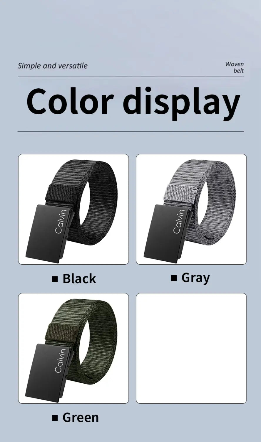 Men canvas belts in black gray and green woven fabric with black rectangular metal automatic buckles featuring the Calvin brand name for casual use.
