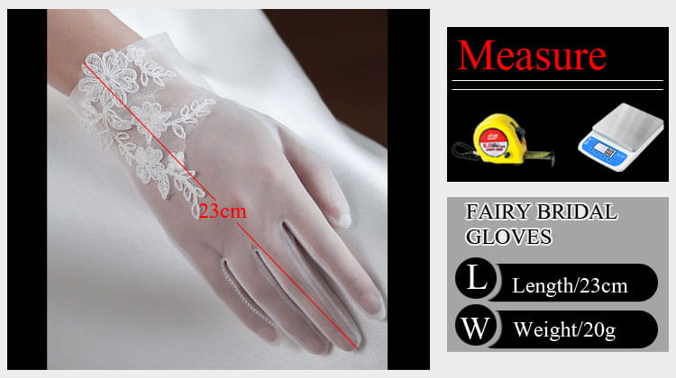 White lace bridal gloves featuring short wedding tulle applique with delicate floral embroidery and a sheer elegant design.