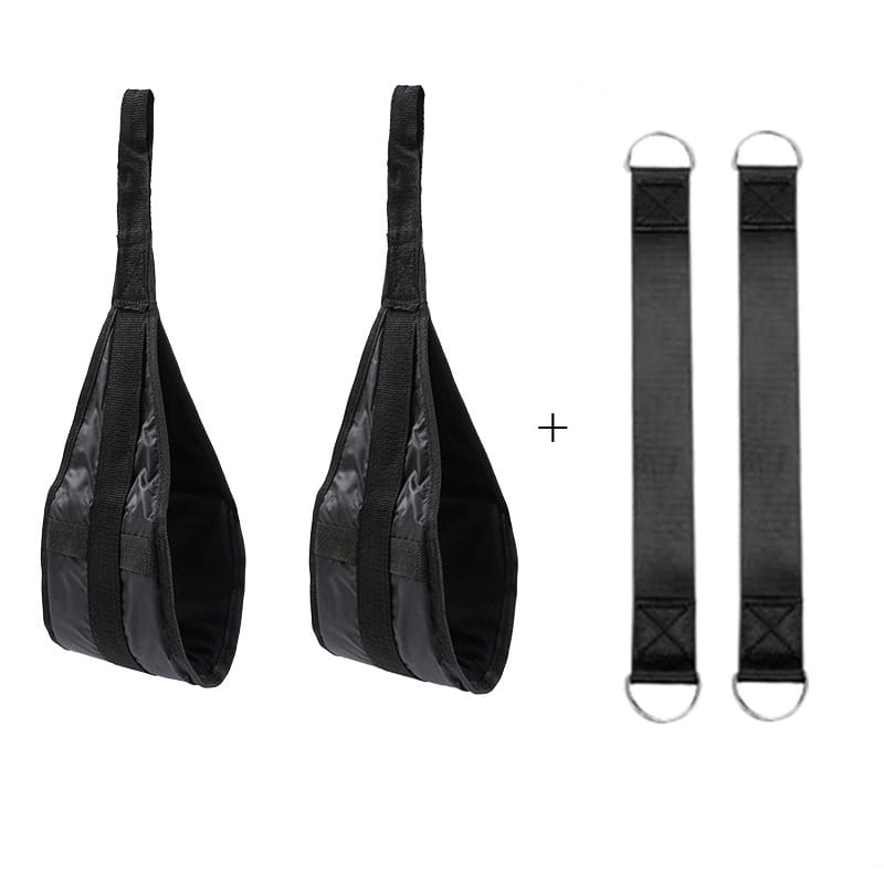 black fabric suspension rings with metal d-rings and reinforced stitching for ab sling straps heavy duty hanging leg raise straps.