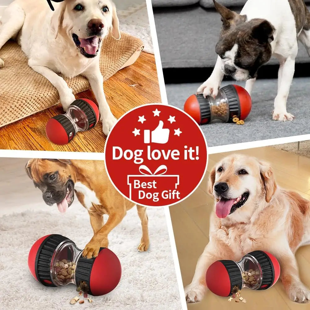 juguete para rompecabezas canino interactivo y dispensador de alimento color rojo y negro, con un centro de plástico transparente lleno de premios de comida para estimular la mente y la alimentación.