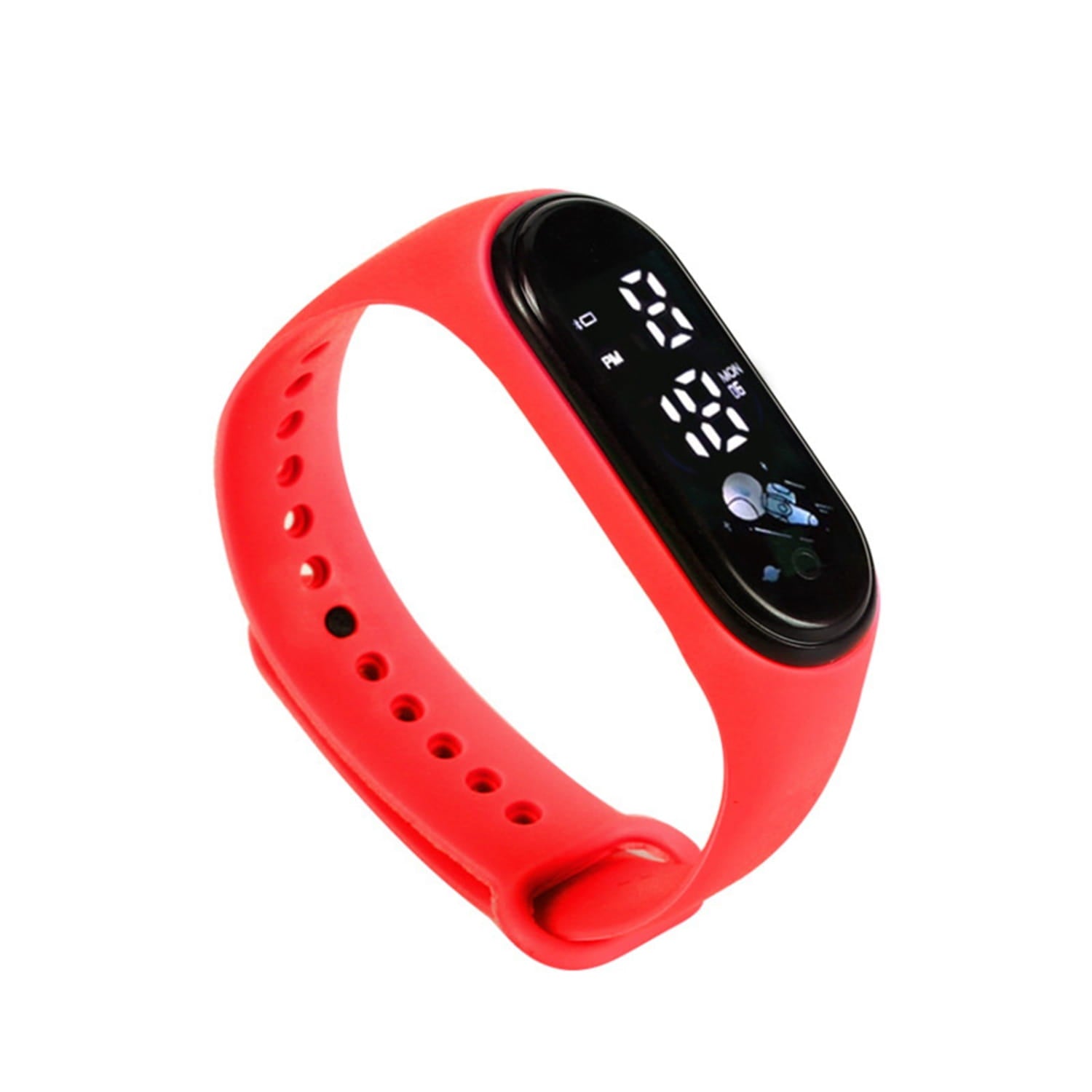 Reloj digital de fitness para niños de silicona roja con pantalla digital negra que muestra la hora y la fecha.