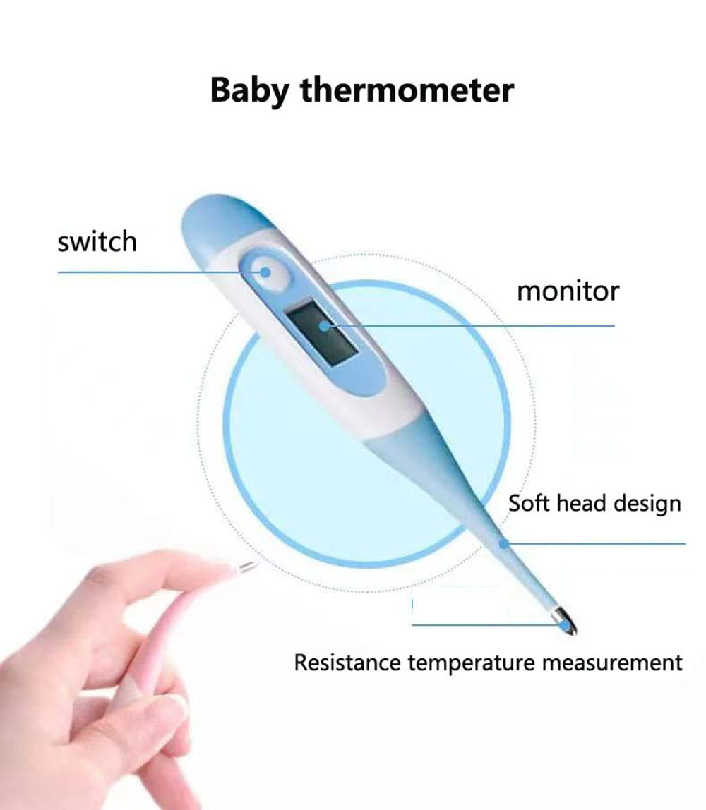 Hellblau-weißer digitaler Babythermometer mit weicher Kopfform für eine besonders sanfte Anwendung, enthalten in einem Baby-Gesundheits- und Pflege-Set.