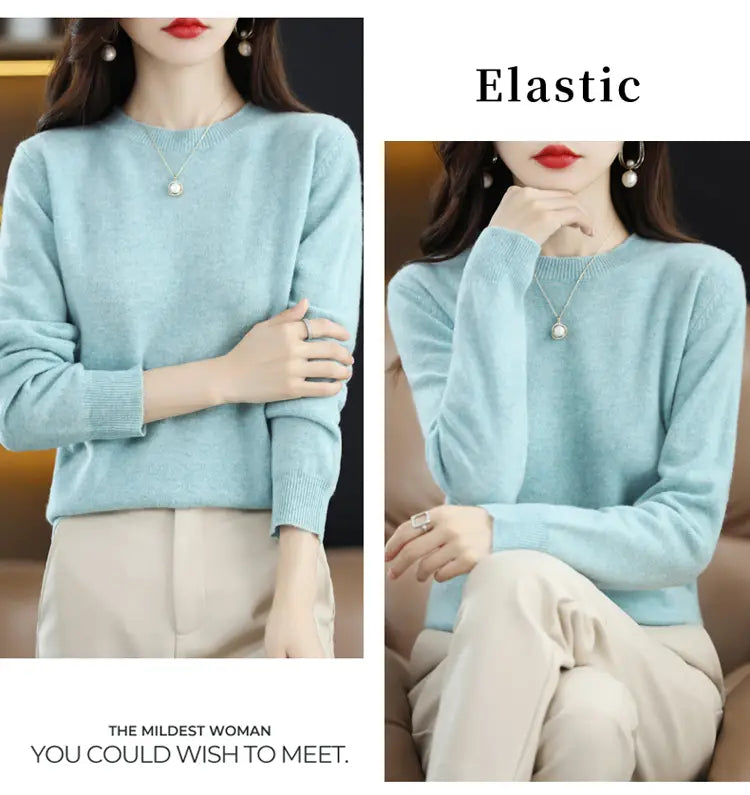 A soft light blue pure wool cashmere o-neck pullover sweater with elastic knit fabric and ribbed cuffs.