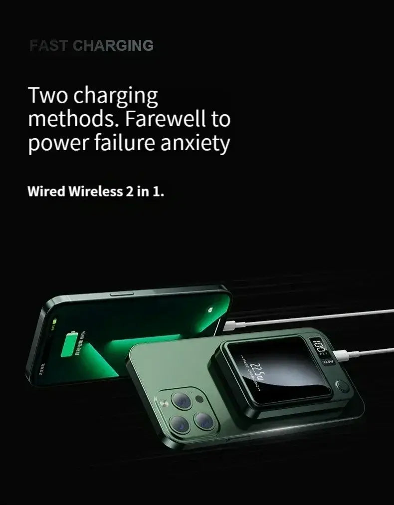 ダークグリーンのモバイルバッテリー。内蔵磁気式ワイヤレス急速充電パッドとデュアル充電ポートにより、速い充電と大容量での使用を実現。