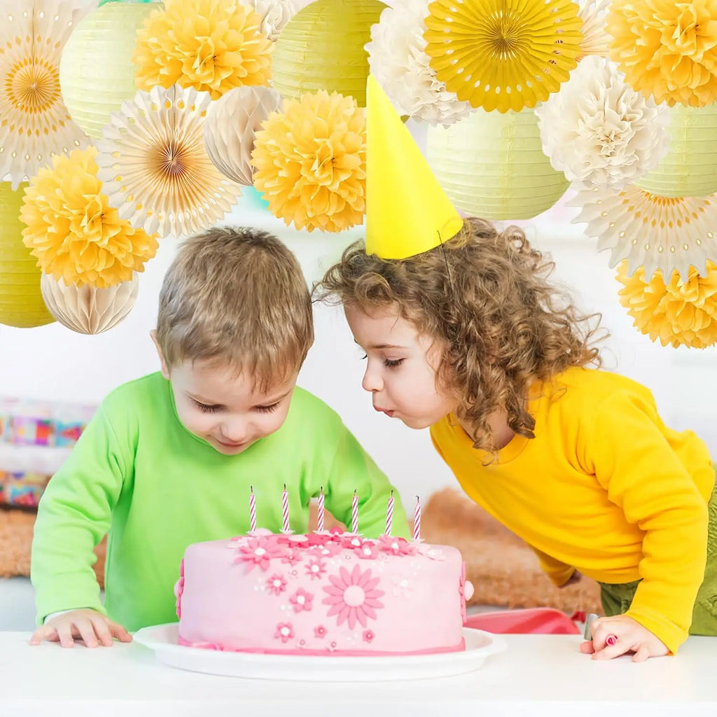Yellow Party Decorations Yellow and Cream Paper Fans Paper Lanterns Pom Poms Flowers for Baby Shower Birthday Wedding Party
