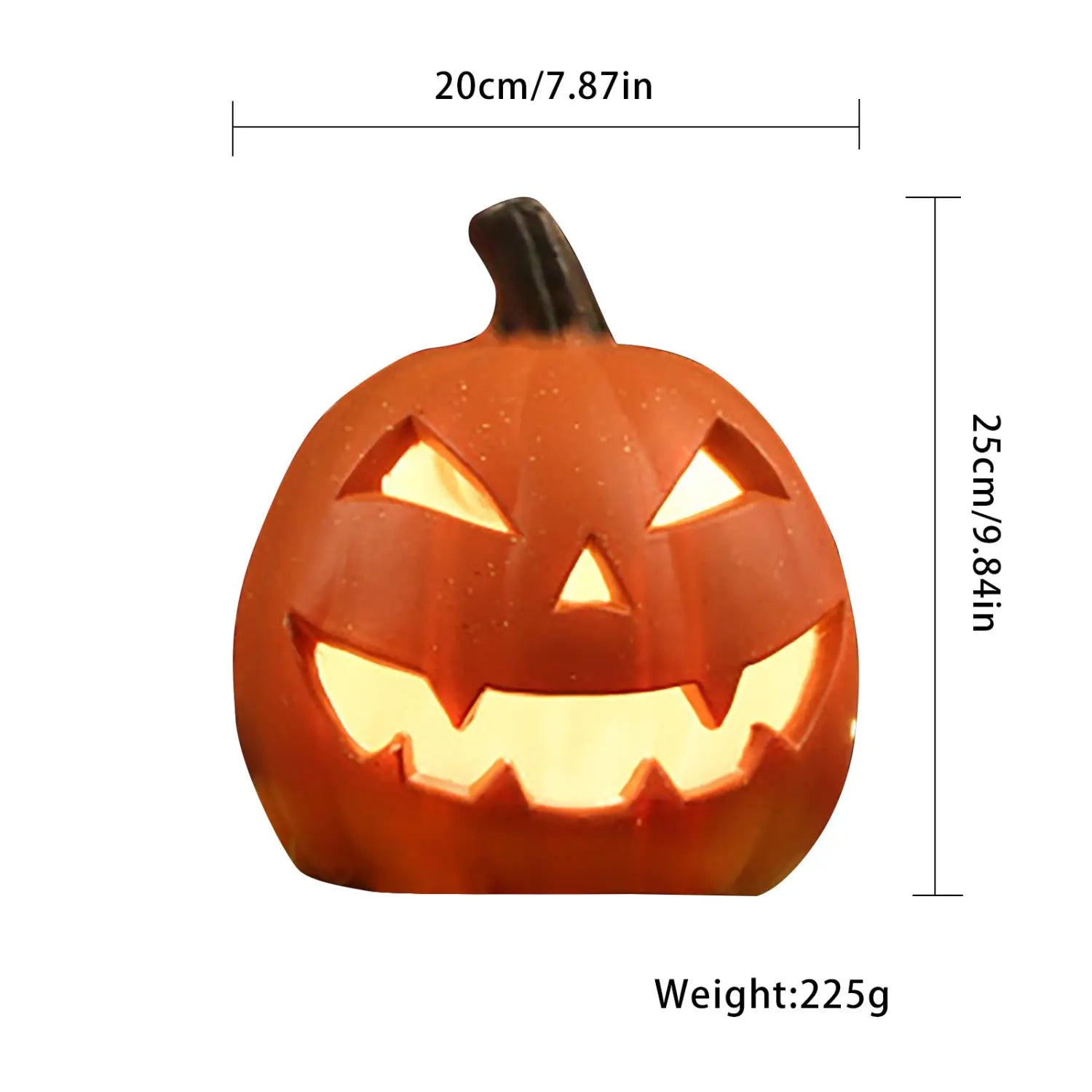 Décoration Halloween en jack-o’-lanterne orange illuminée avec tige noire et yeux et nez triangulaires sculptés, conçue pour un usage de décoration du foyer intérieur et extérieur.