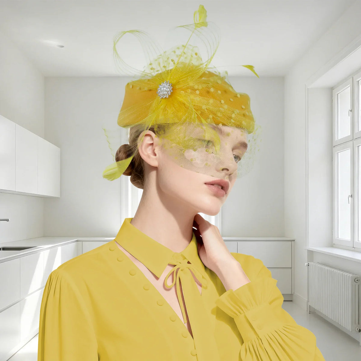 Women Bridal Fascinator with Feathers Dot Print Veil Elegant Pillbox Hats for Tea Party Wedding Church Fedoras Headscarf Bonnet