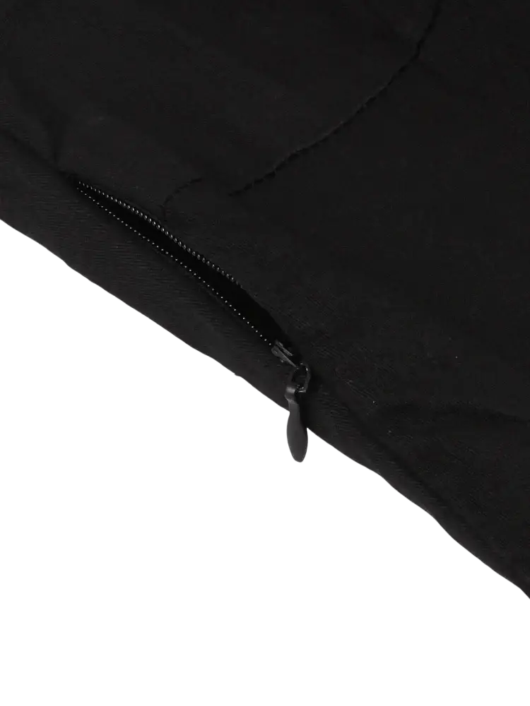 Black quilted puffer jacket zipper with matching pull tab complementing tonval bat embroidery halloween vintage dress