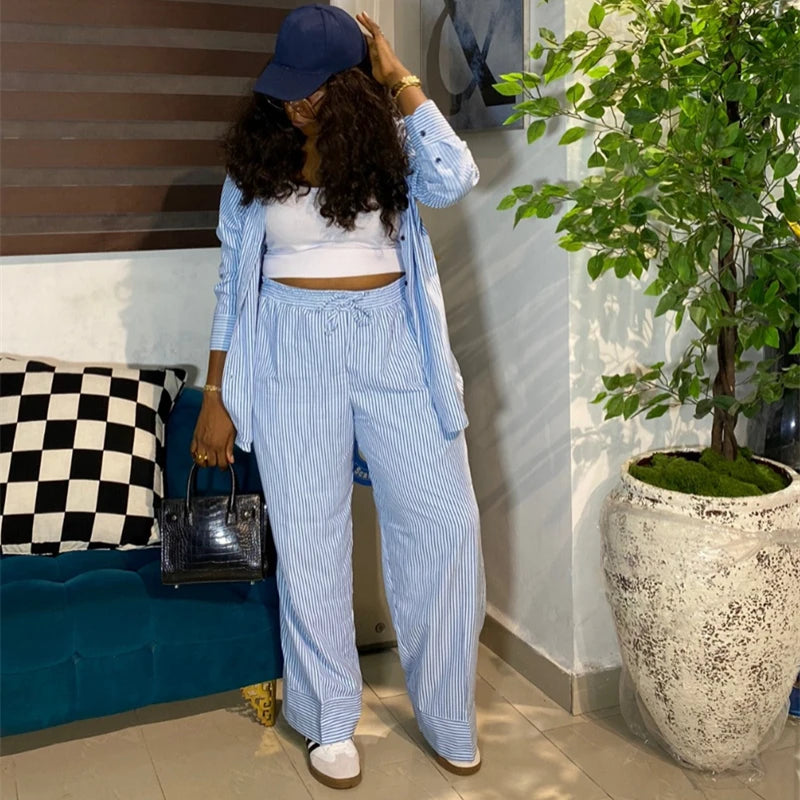 Chic Striped Matching Set Women Long Sleeve Shirt Drawstring Waist Wide Leg Pants African Street Holiday Comfort Two Piece Suit