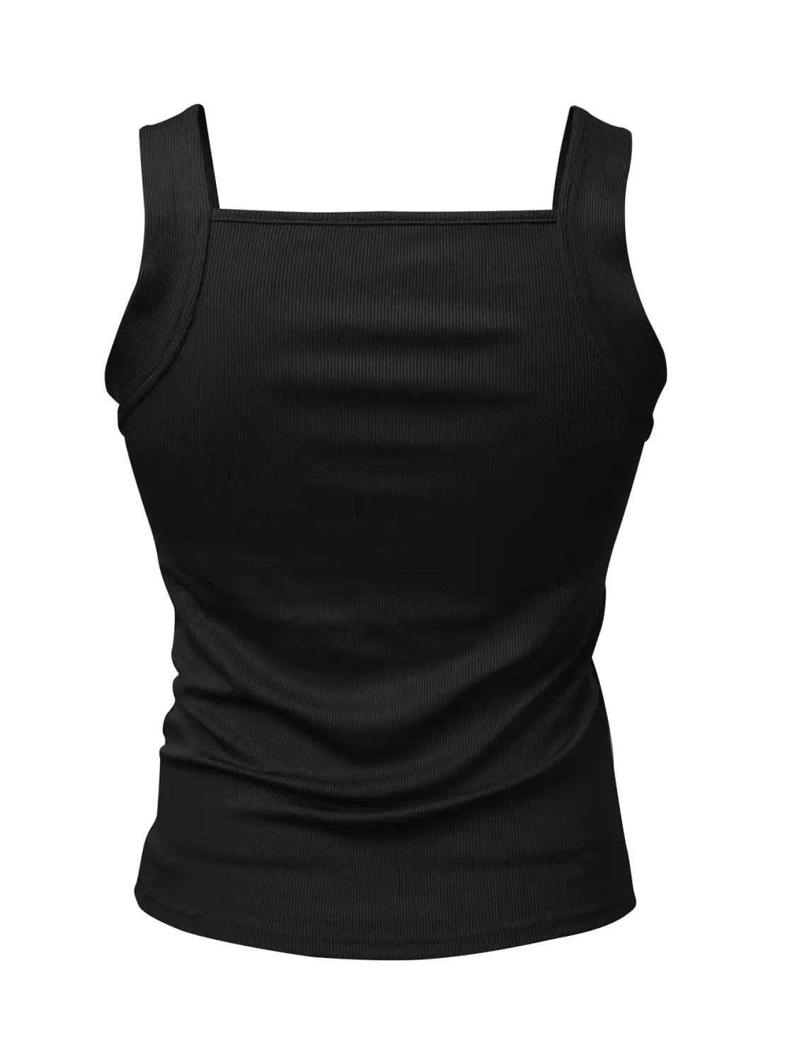 Men’s black ribbed tank top with square neckline and structured shoulders made from comfortable fabric.