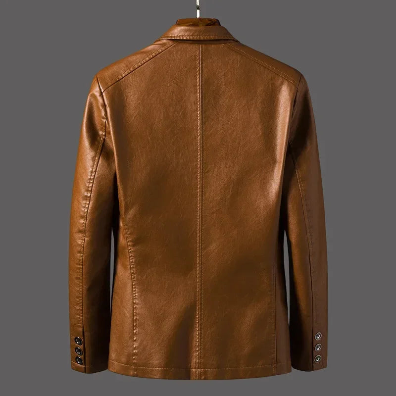 2024 Men's Leather Jackets Lapel Business Pu Blazers Men Solid Casual Slim Button-up Leather Coats Autumn Outwear Plus Size 6XL