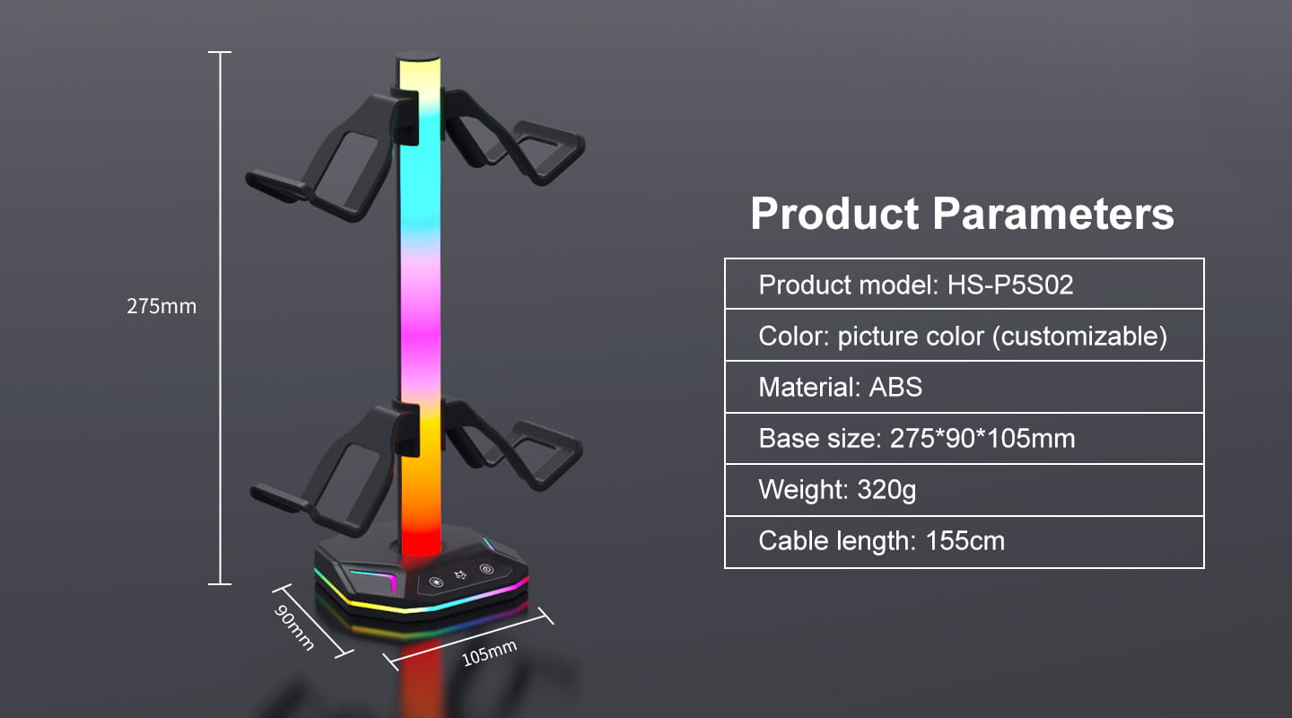 Support d’écouteurs RGB et porte-manette pour PS5, avec une construction en ABS éclairée par LED RGB, un affichage couleur personnalisable et un design moderne et élégant.