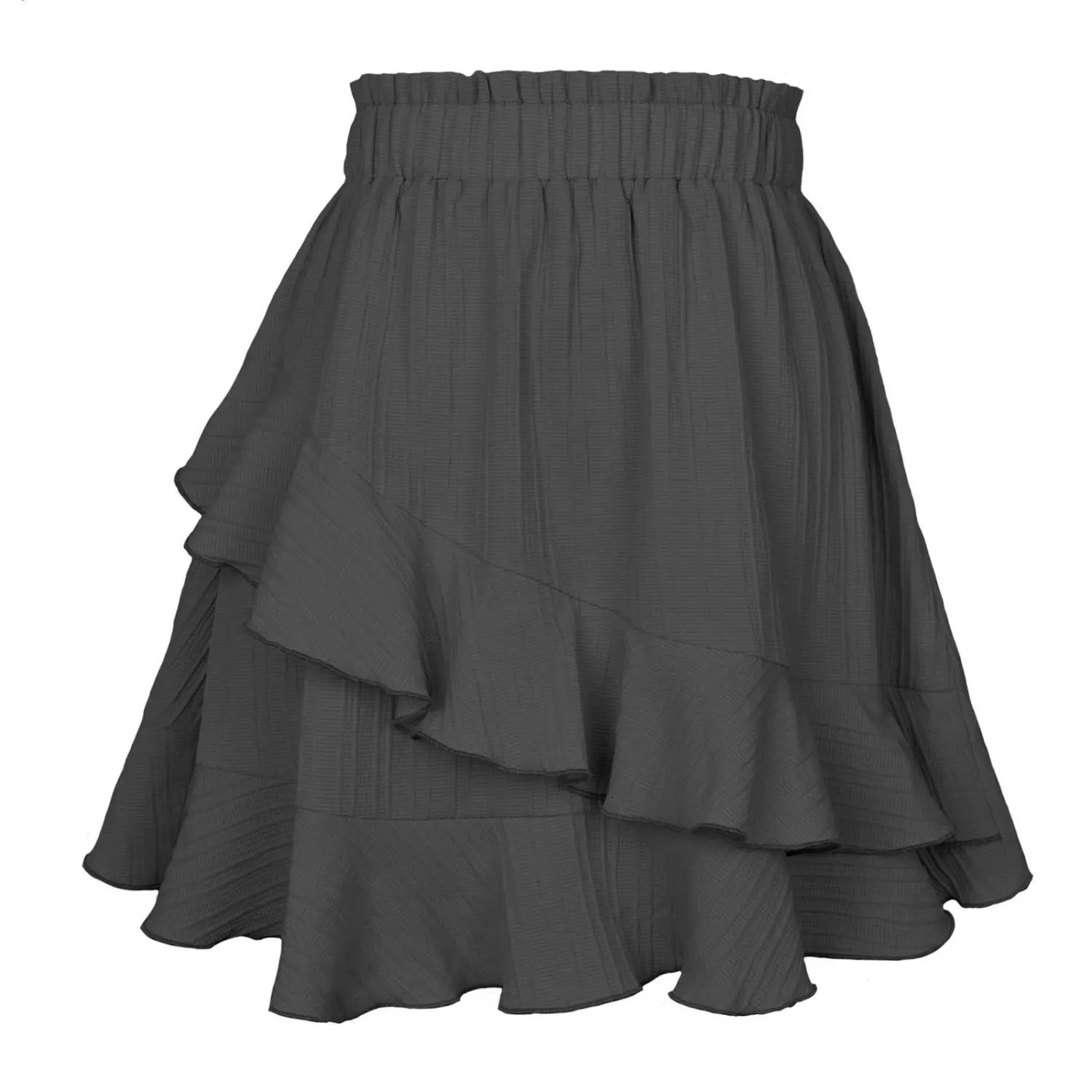 A dark gray high waist ruffle mini skirt with tiered flowing layers and a gathered waistband.