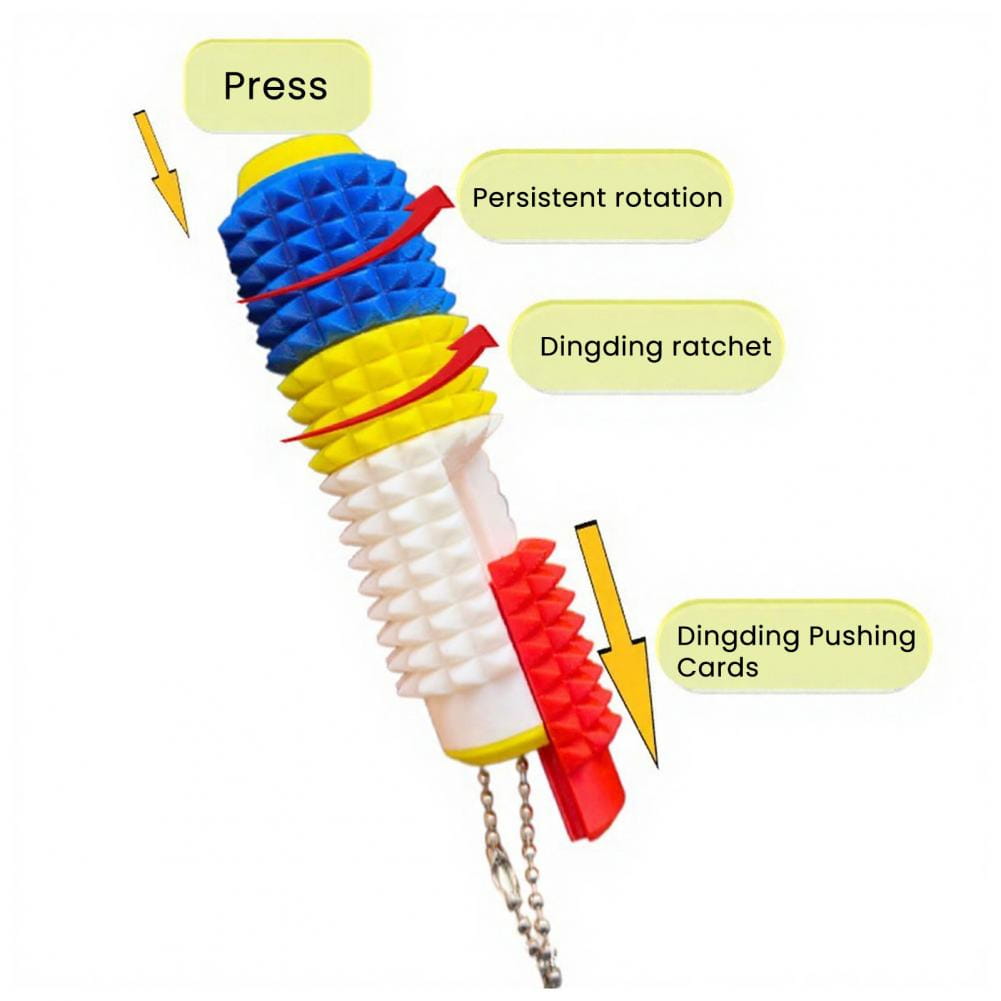 Rodillo giratorio para fidget con pinchos segmentados de colores llamativos, con secciones azules, amarillas y rojas, diseñado como juguete antiestrés tipo fidget 5 en 1.