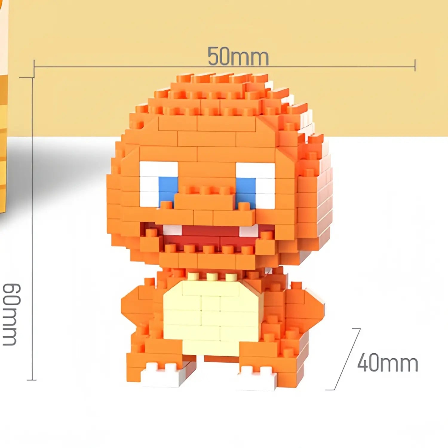 Orange and cream-colored pixelated charmander figurine made of interlocking plastic bricks from the Pokemon micro building block figures set.