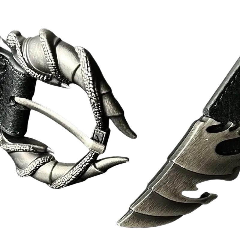 Silver dragon claw belt buckle with textured scales and sharp talons on black leather strap for plus size y2k decoration