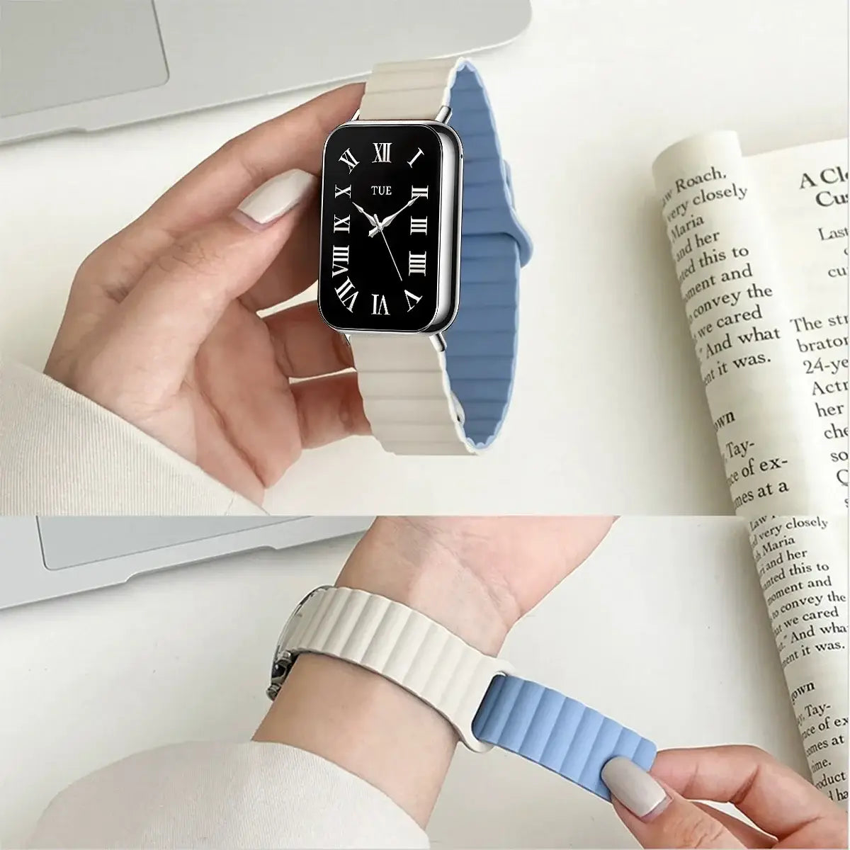 Ein elegantes hellblaues und weißes Silikon-Magnetarmband mit gerippter Textur für die Xiaomi Redmi Watch.