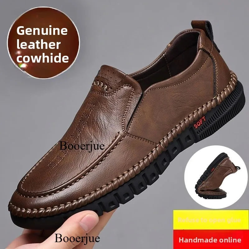 Genuine Leather Slip on Loafers for Men Hiking Sports Hand Stitched Formal Dress Shoes Business Office Wedding Party Footwear