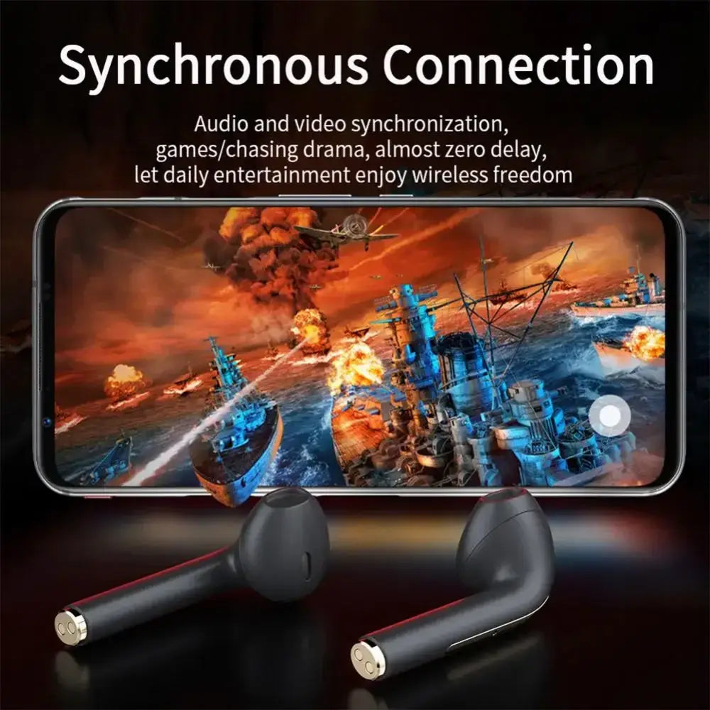 black wireless noise cancelling earbuds with gold-colored metallic tips and Bluetooth 5.3 designed for synchronized audio and video streaming