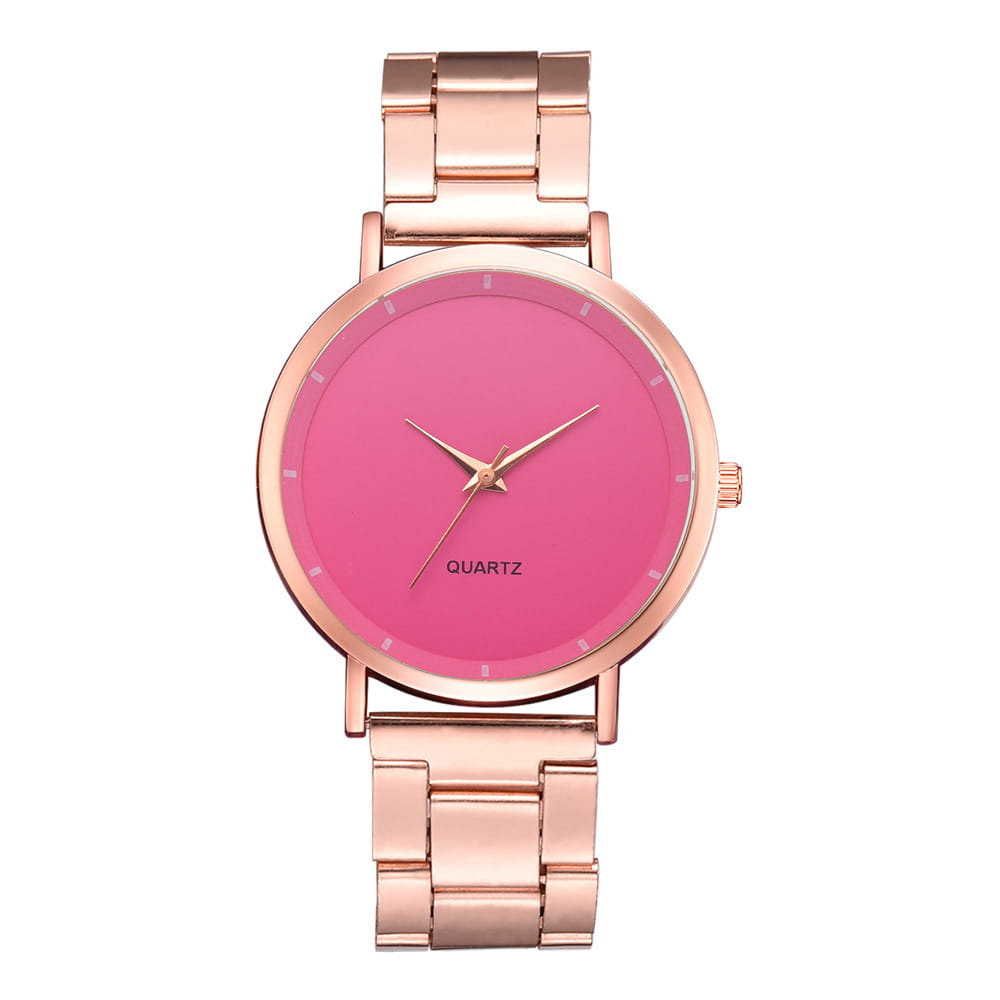 Rose gold women luxury quartz business wristwatch featuring a vibrant pink dial and minimalist metal design.