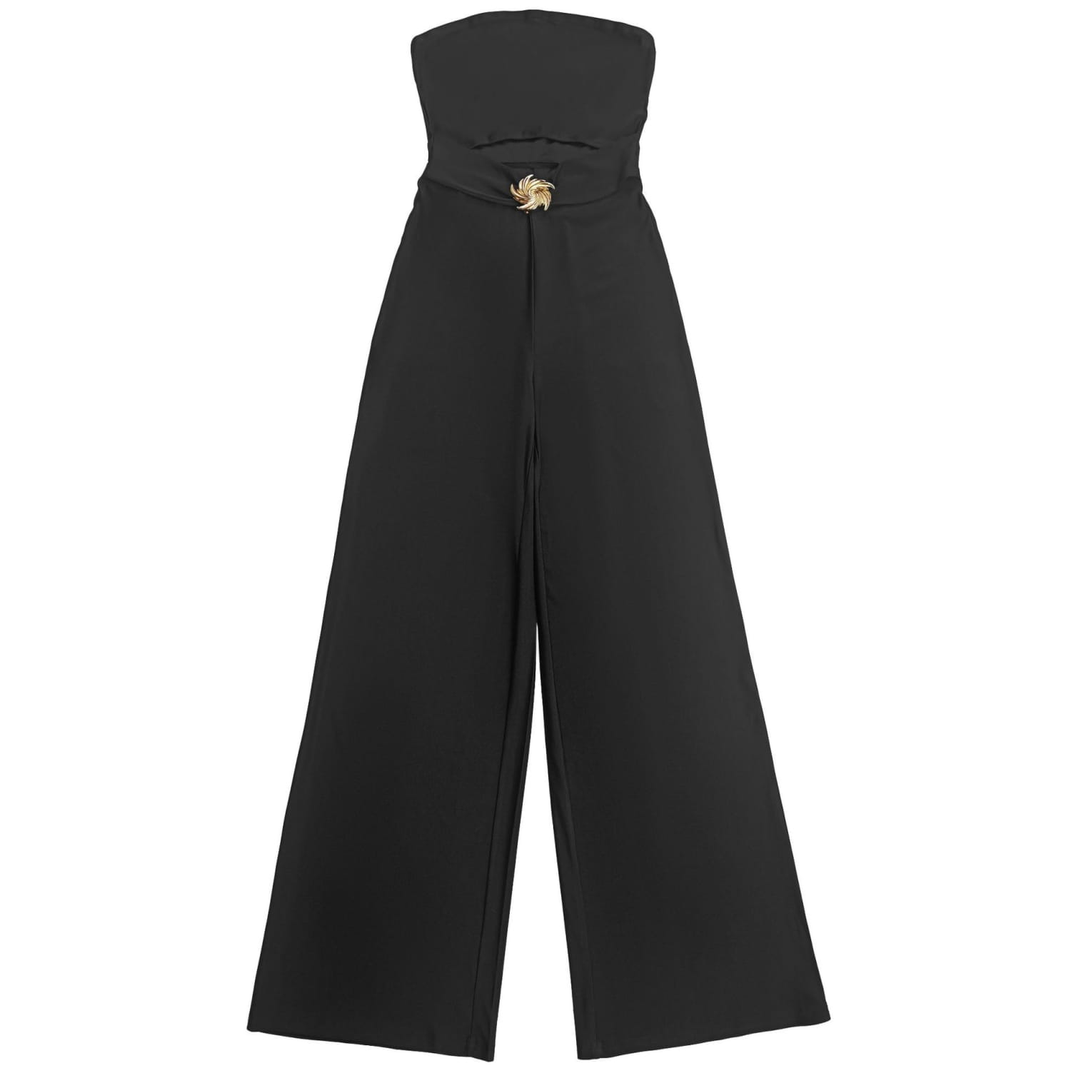 Schwarzer ärmelloser Satin-Jumpsuit mit weitem Bein und hohem Beinschlitz, mit goldfarbenem Spiral-Detail an der Schnalle in Taillenhöhe.