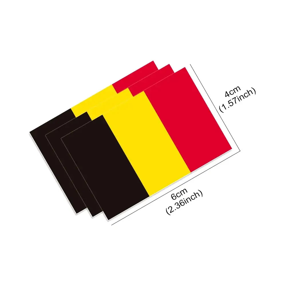 Set of three rectangular Belgian flag car stickers made of PVC featuring vertical black yellow and red stripes and waterproof decals.