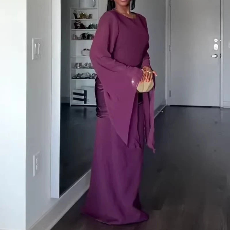 Elegant O-neck Formal Occasion Party Gown Women Causal Flared Sleeve Draped Evening Dress Fashion Waist Solid Slim Wedding Dress