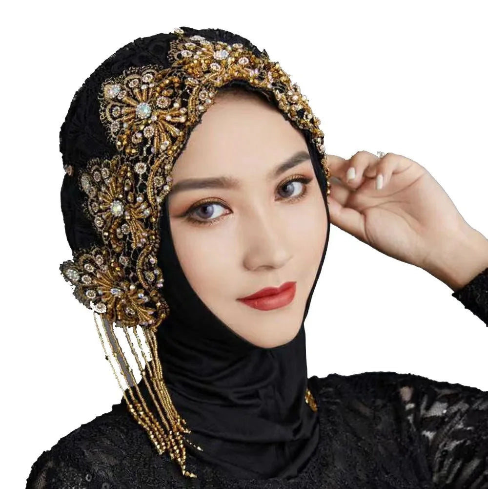 Heavy‑duty draped tassel high‑end turban hat, stretchy, non‑tight‑fitting, adult women’s headwear for outdoor wear