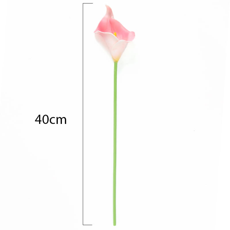 A 40cm tall artificial pink calla lily flower bouquet with a gradient from pale to deeper pink and a yellow center, featuring a long green stem for home decor.