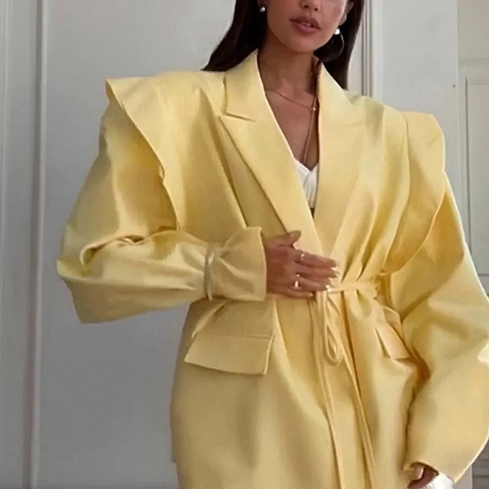 Women Belted Waist Blazer Jacket Padded Shoulder Lapel Collar Suit Coat  Autumn Office Elegant Formal Casual Workwear Outfit
