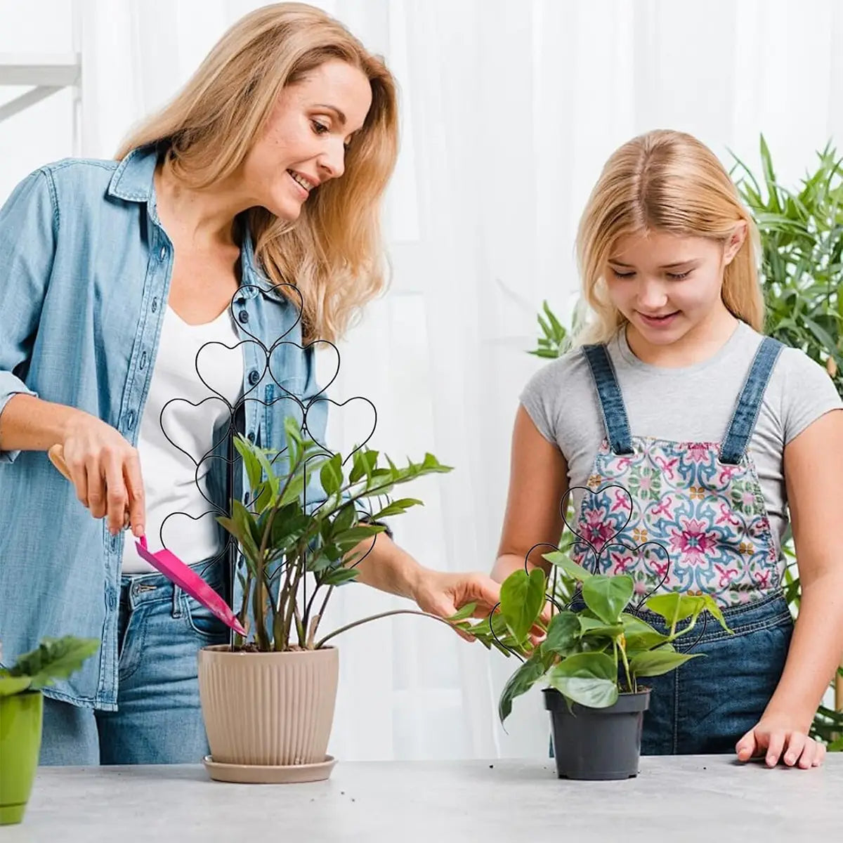 Enrejado de soporte para plantas de metal con forma de corazón, en color negro, diseñado para plantas trepadoras y accesorios para plantas