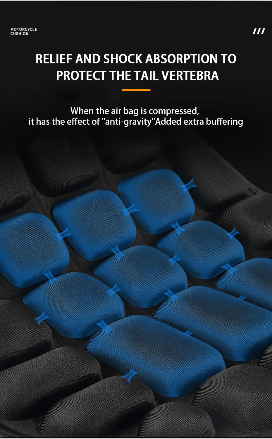 Cojín inflable para rabadilla de motocicleta azul y negro, fabricado en EVA transpirable con celdas de aire segmentadas para absorción de impactos