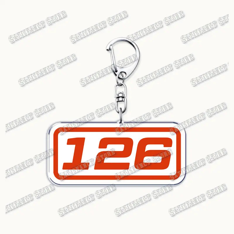 Silver rectangular acrylic keychain featuring bold red 126 numerals on a white background with a thin silver border, designed as a firefighter gift from the 9-1-1 TV show.