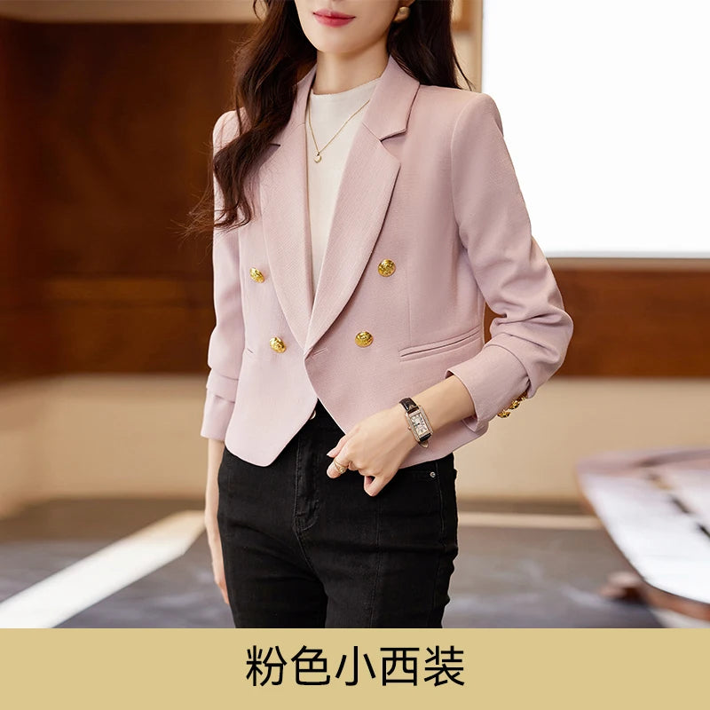 Women Double‑Breasted Short Blazer Jacket Long Sleeve Gold Buttons Slim Cropped Suit Coat Ladies Office Business Casual Black Ou