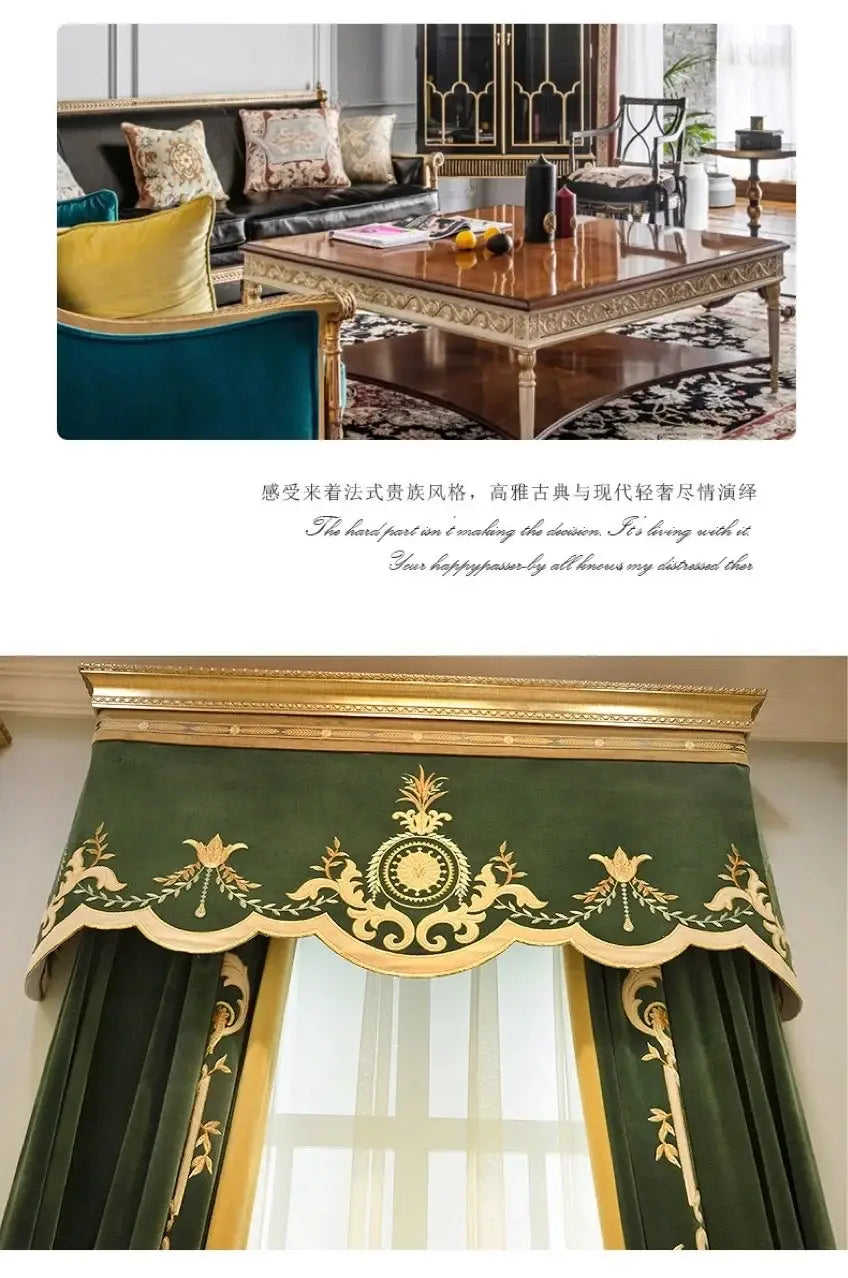 deep green velvet French curtains with intricate gold embroidery and scalloped valance featuring elegant tassel tieback beads.