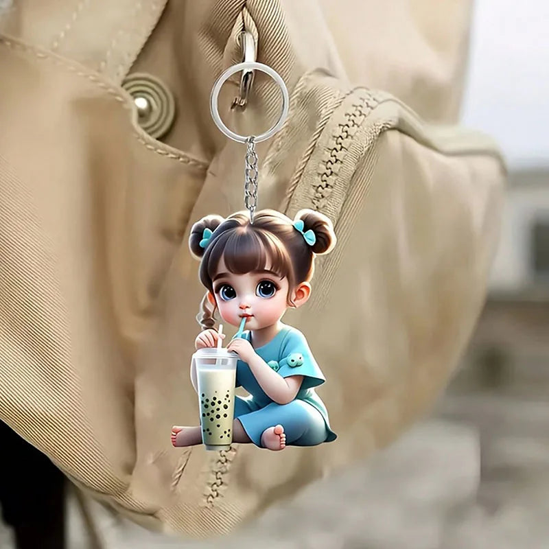 1 Cute Acrylic Girl Keychain, 2D Flat, Holiday Gift, Backpack Accessories, Key Decoration, Car Decoration, Keychain, Pendant