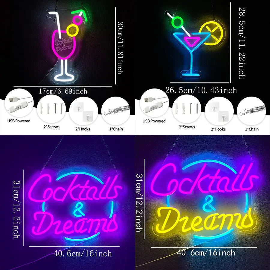 enseigne néon « cocktails and dreams » présentant des conceptions de verre à cocktail lumineuses et des teintes vibrantes rose, bleue, jaune et pourpre, avec une source lumineuse à DEL alimentée par USB.