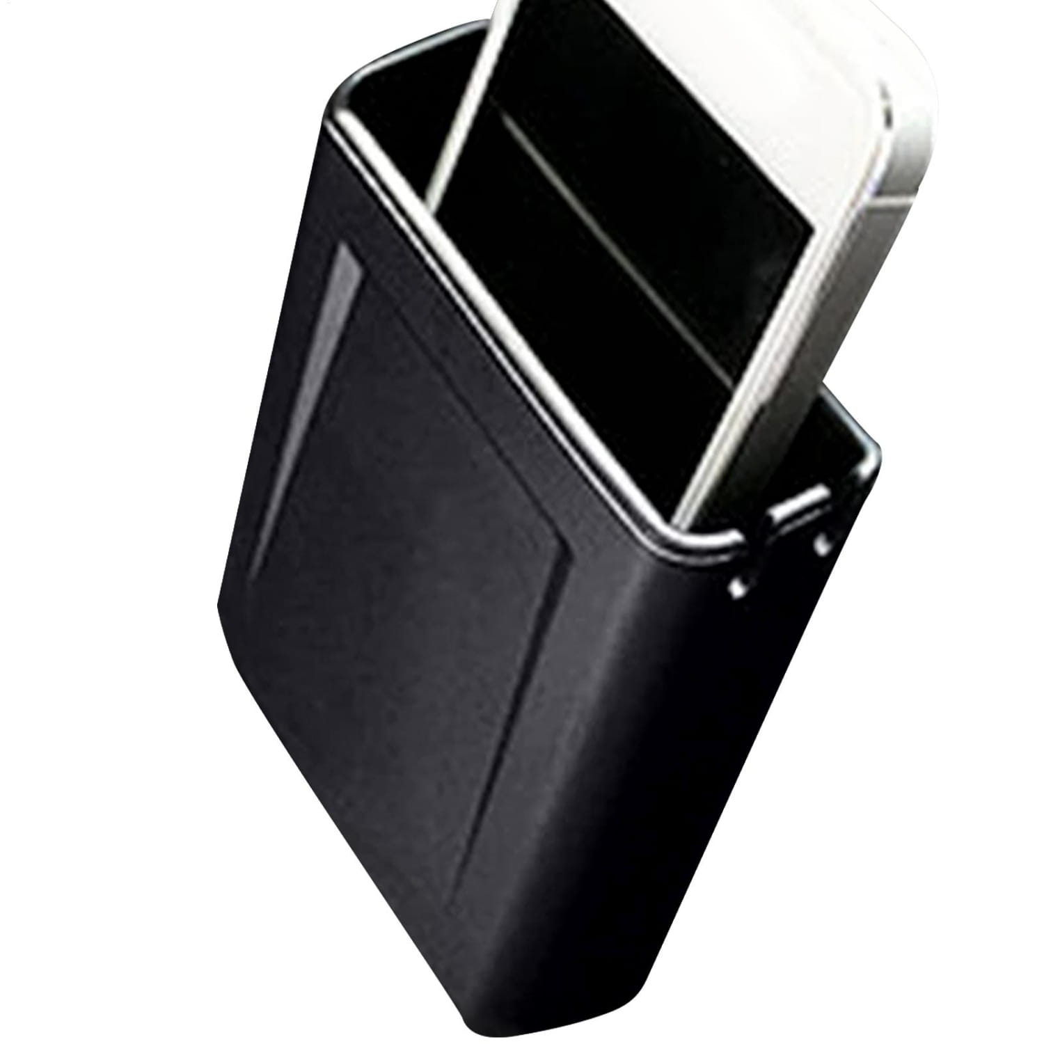 Organizador de almacenamiento para coche rectangular negro de bolsillo del tablero ABS, funda para teléfono, con acabado mate elegante y diseño de panel con relieve sutil, mostrado desde el lado posterior