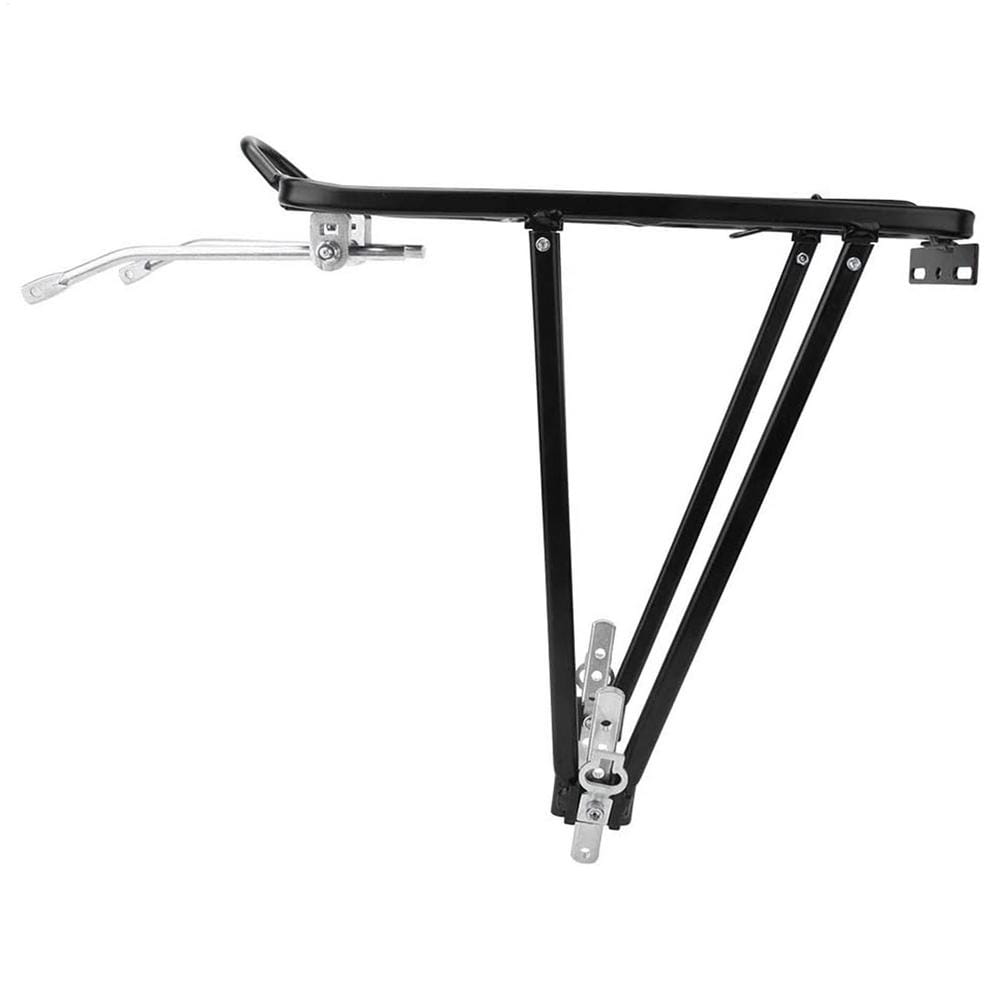black metal bike cargo rack 35kg aluminum rear bicycle carrier with adjustable legs and handle for secure attachment shown from the back side