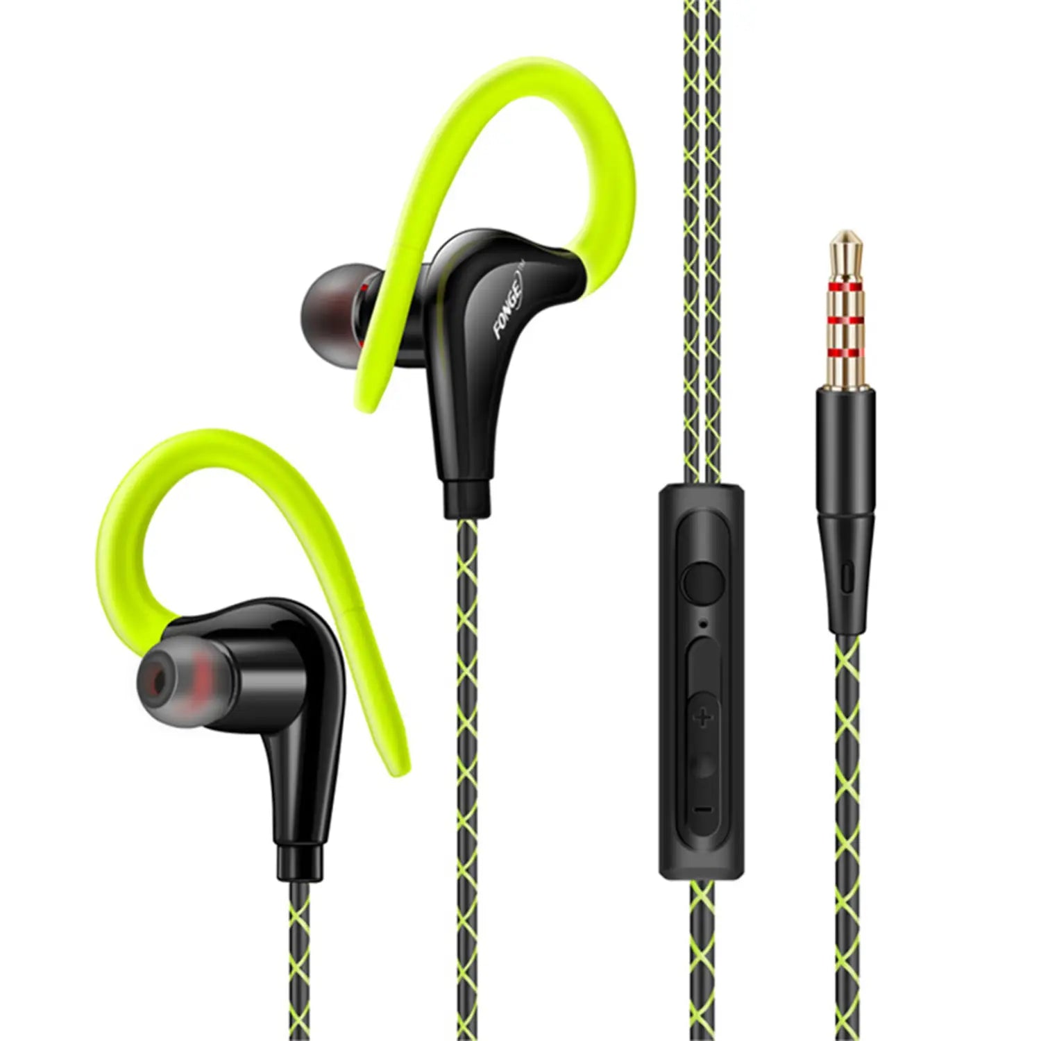 Bright neon green and black 3.5mm headphone wired sports earphones with mic featuring braided cable and inline control module.