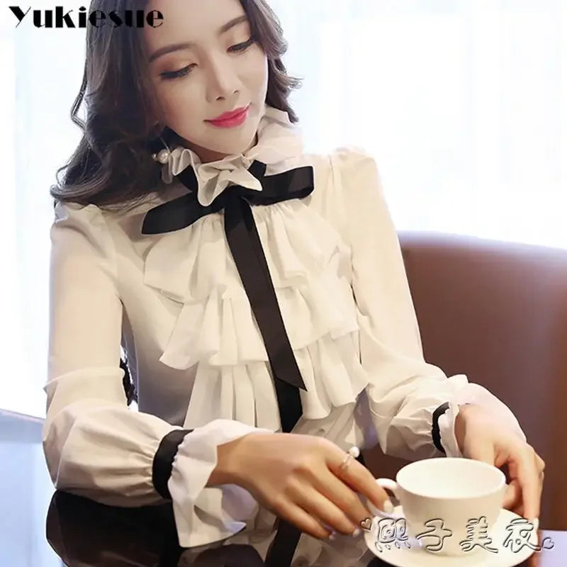 Elegant Women's summer blouses fashion new casual woman tops women 2025 White shirt blouse blusas ruffless bow long sleeve top
