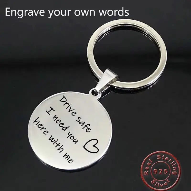 Amxiu Personalized Keychain 925 Sterling Silver Keychains Custom Any Words Round Pendant Key Chains